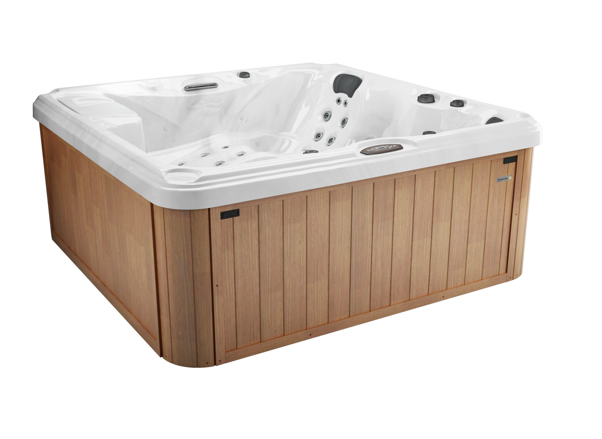 A square hot tub with a wooden base on a white background.