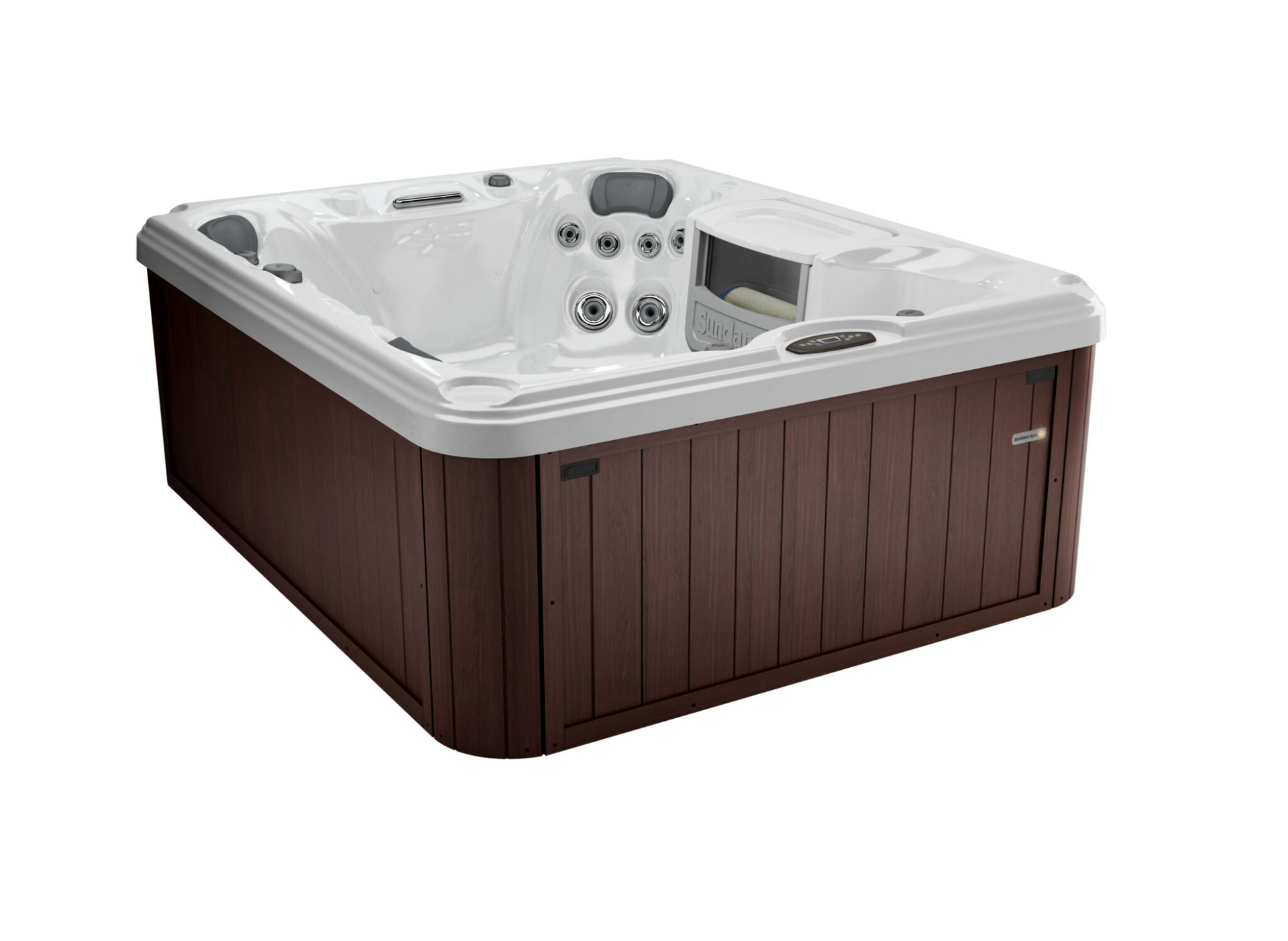 A hot tub with a brown base and white top on a white background.