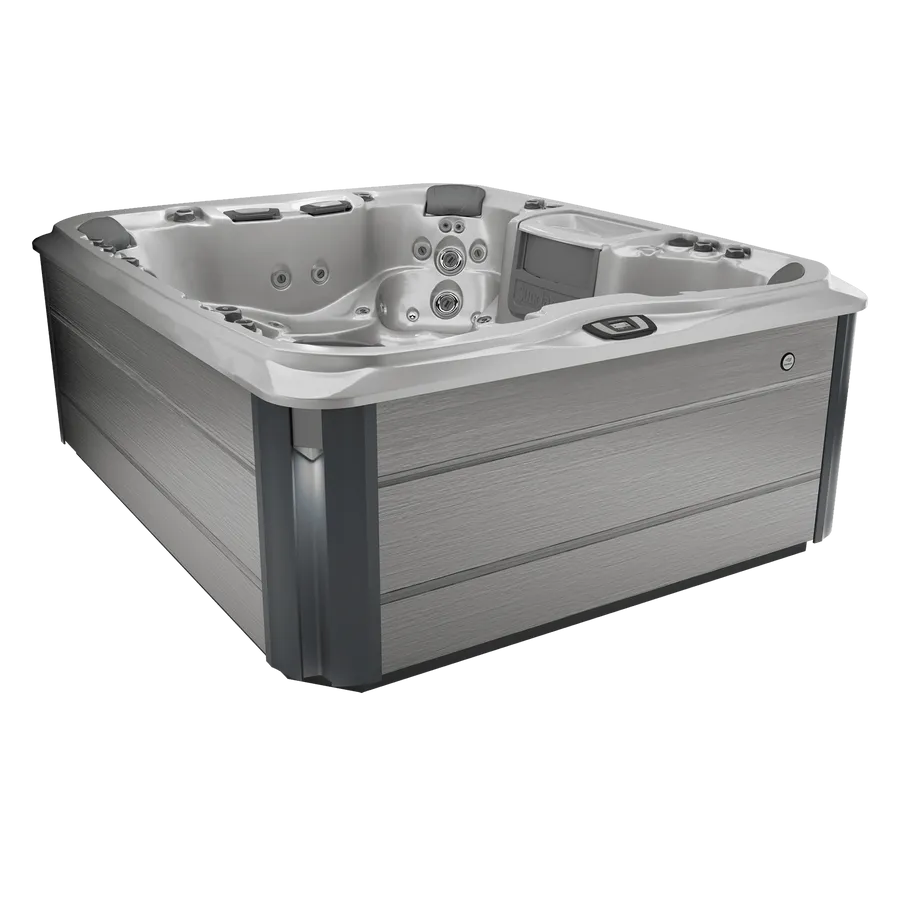 A gray and black hot tub on a white background.