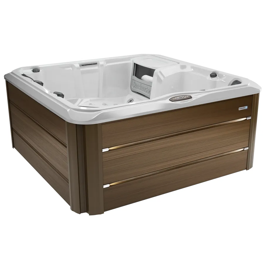 A square hot tub with a wooden base on a white background.