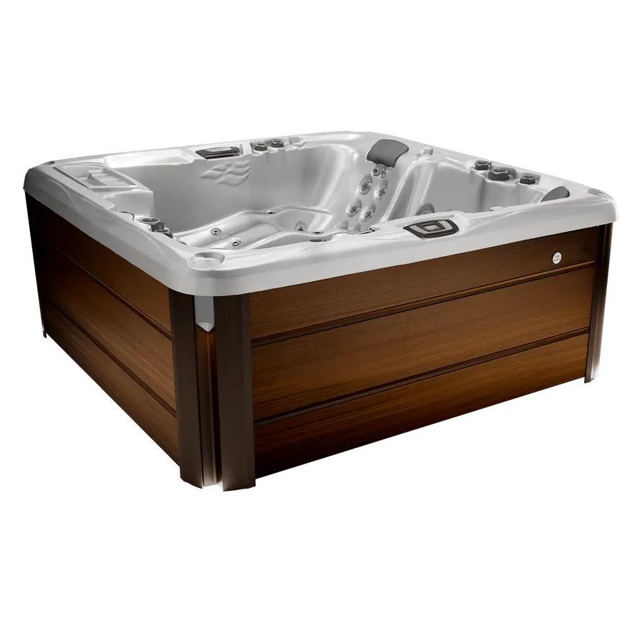 A square hot tub with a wooden base on a white background.