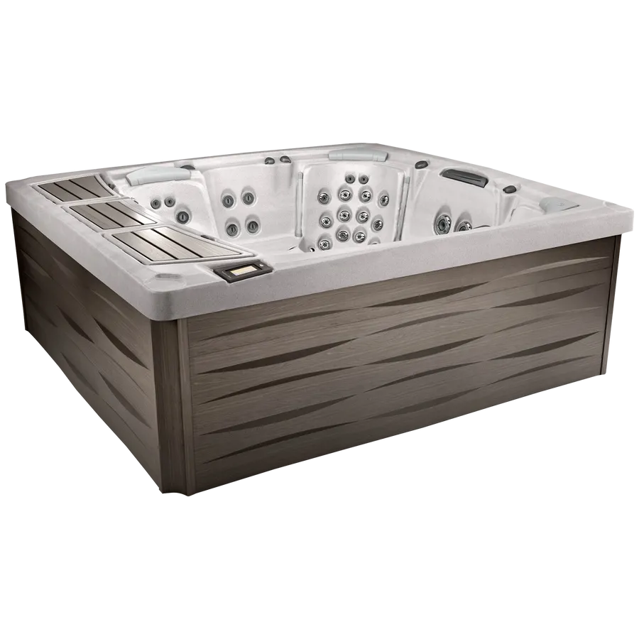 A large square hot tub with a wooden frame on a white background.