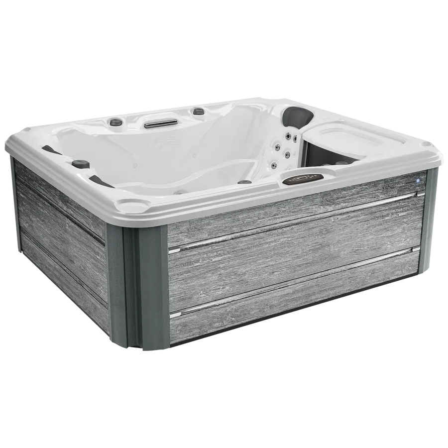 A white hot tub with a wooden frame on a white background