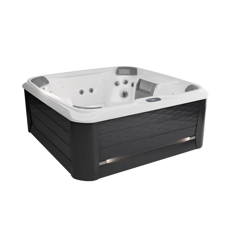A white and black square hot tub on a white background.