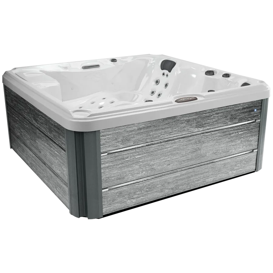 A white hot tub with a wooden frame on a white background.