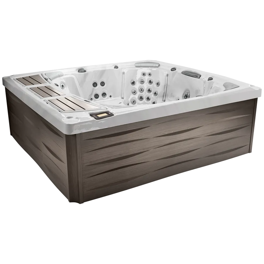 A large square hot tub with a wooden deck on a white background.