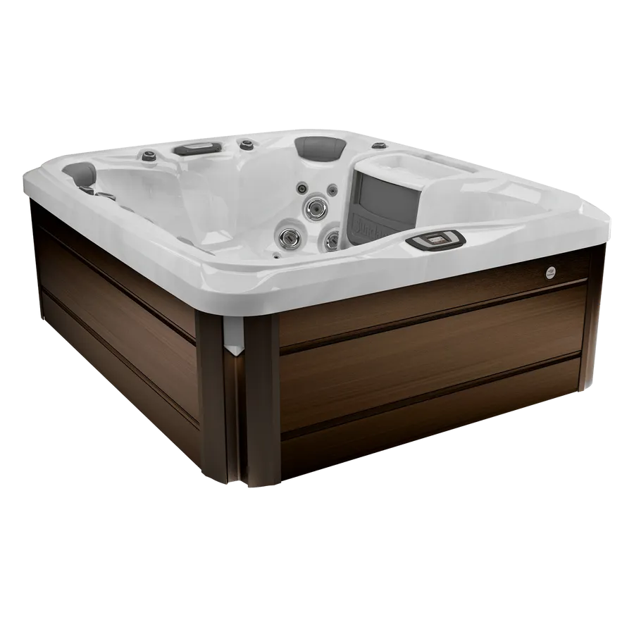 A square hot tub with a wooden base on a white background.