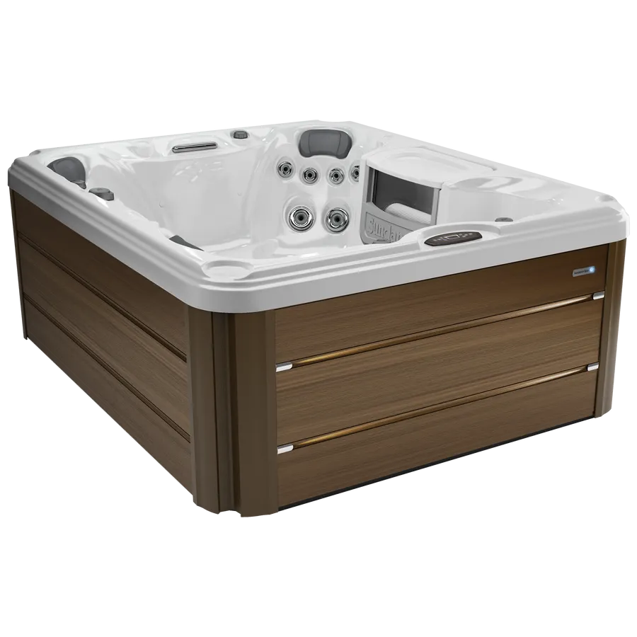 A square hot tub with a wooden base on a white background.