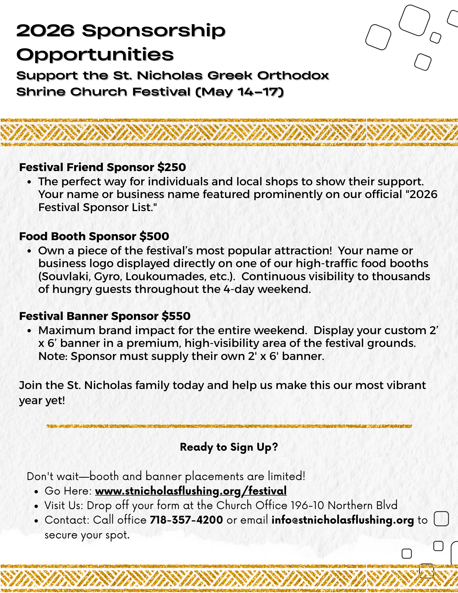 2025 sponsorship opportunities flyer with donor tiers, event details, and contact info, black and gold design