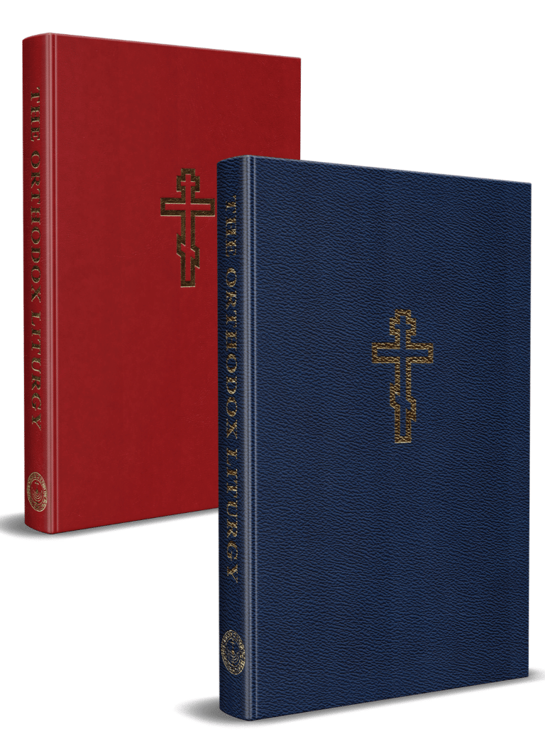 Two hardcover books, one red and one blue, each with a gold cross on the cover.