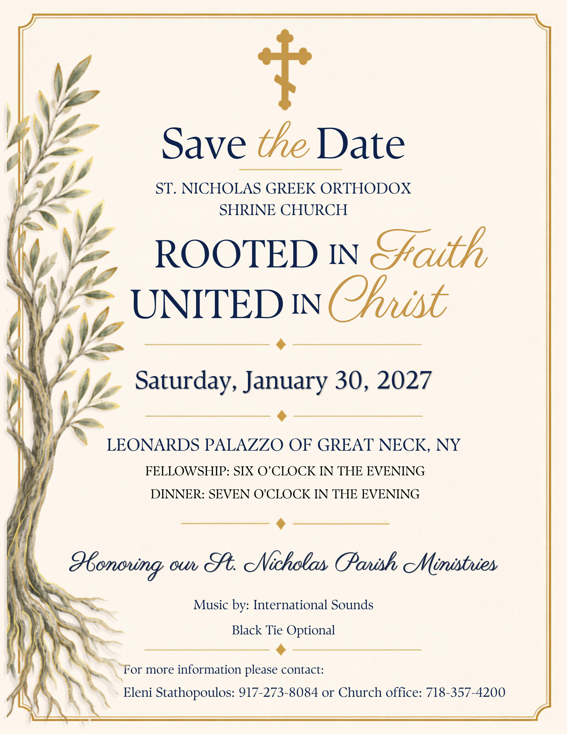 Gold floral Christian wedding invitation reading “Save the Date” and “Rooted in Faith, United in Christ”