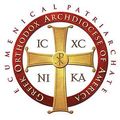 Golden Orthodox cross seal with red circular text reading “Ecumenical Patriarchate of Constantinople”