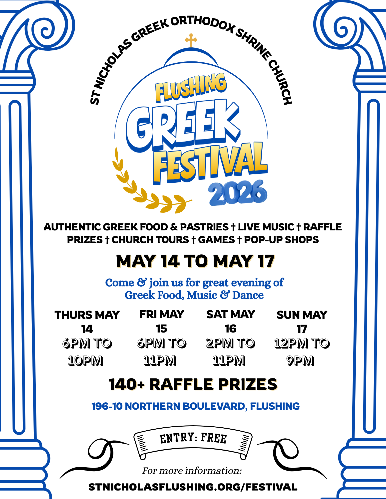 Blue-and-white Greek Festival poster for St. Nicholas Orthodox Church, May 14–17, 2026.