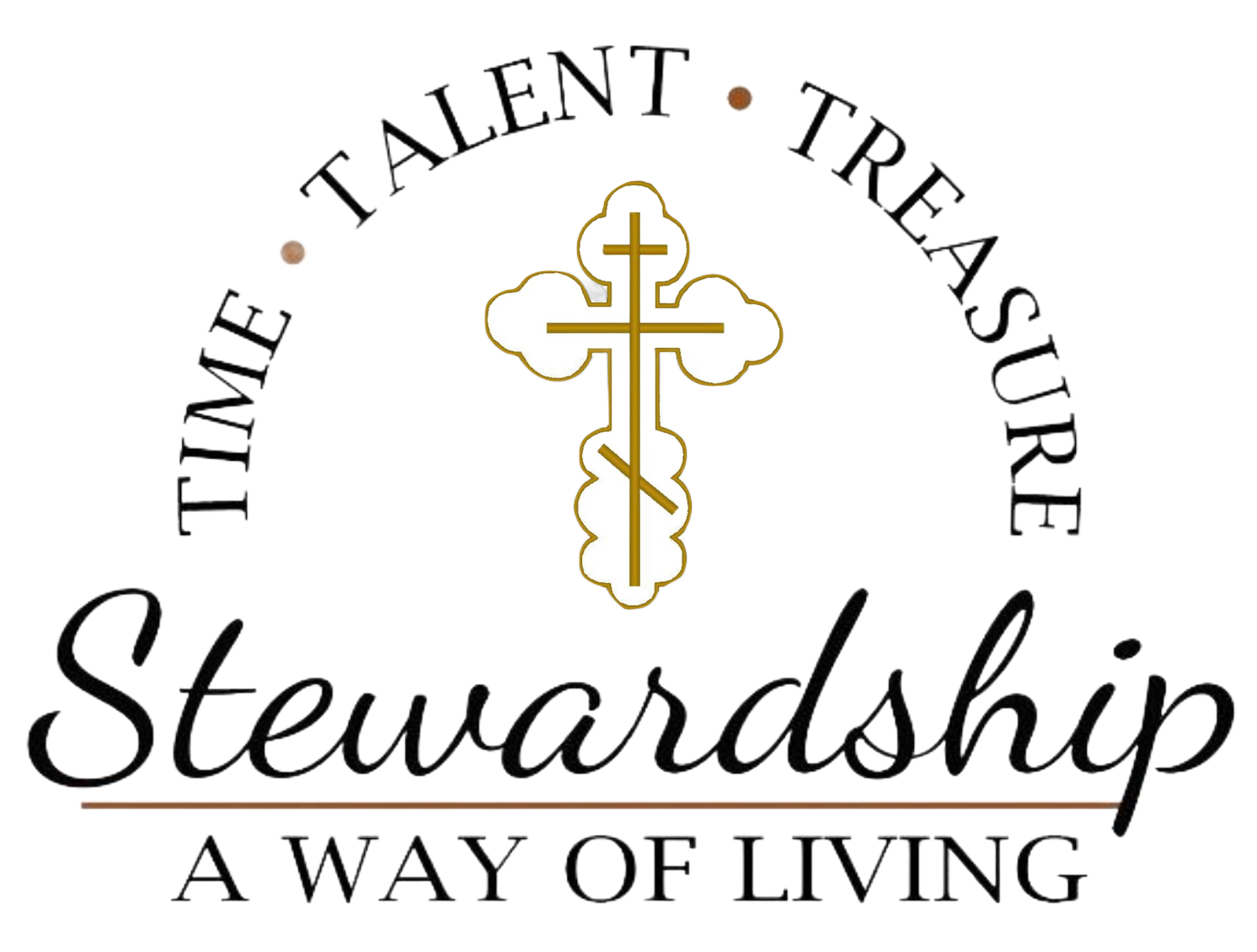Stewardship logo with gold cross and words “Time, Talent, Treasure” and “A Way of Living”