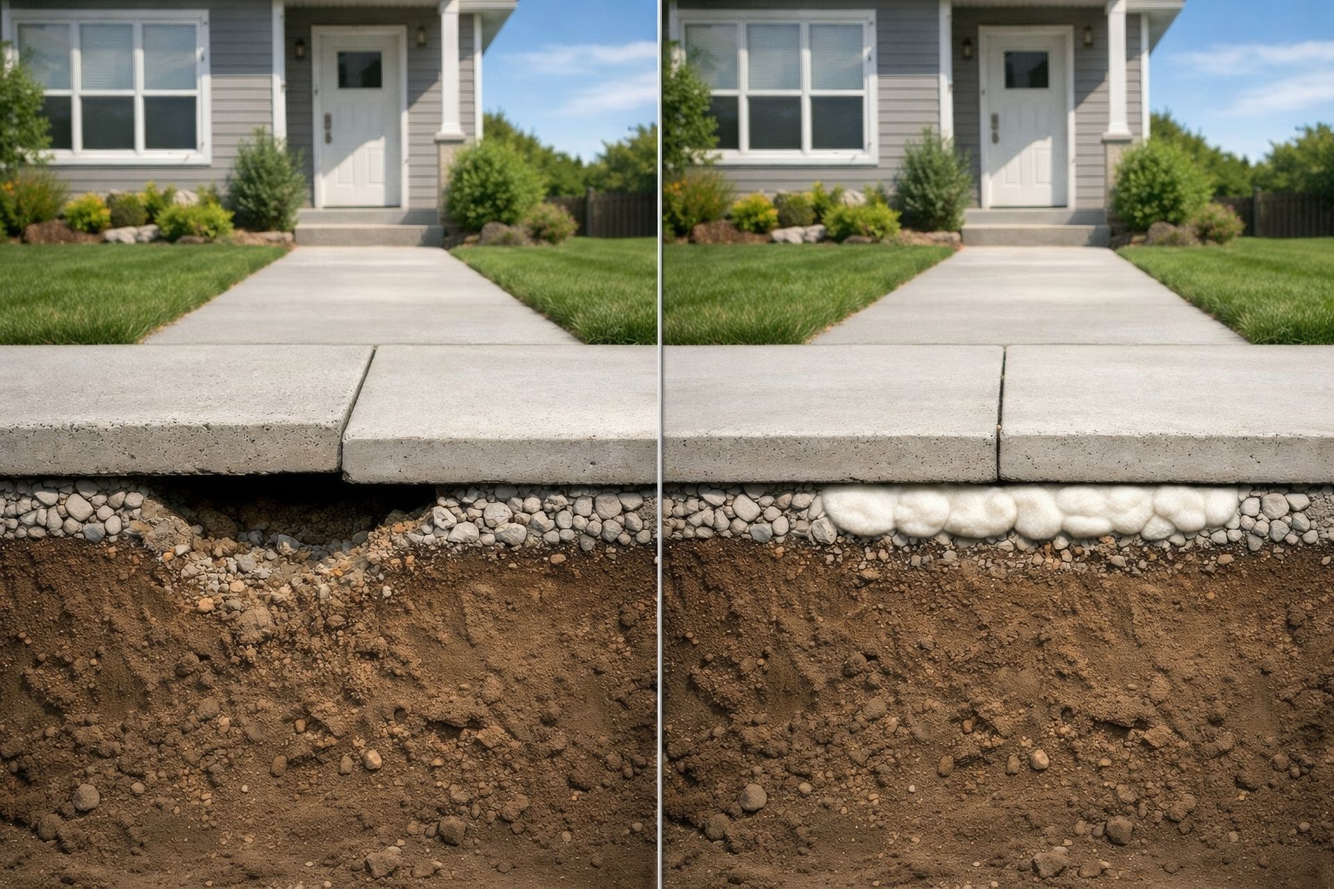 Cross-section diagram of concrete raising process injecting foam beneath a sunken path. Cross-section diagram of concrete raising process injecting foam beneath a sunken path.