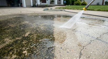 Pressure washer spraying water on a concrete driveway, cleaning dirt and moss from the surface.