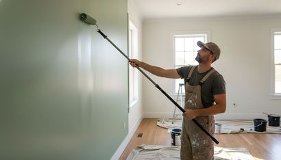 Painter using a roller pole to paint a light green wall in a bright, empty room
