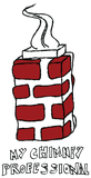 Cartoon chimney with red brickwork, smoke billowing from top, text