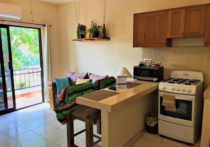 A kitchen with a stove , microwave , and a couch.