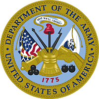 United States Army seal: golden emblem with cannons, flags, and text