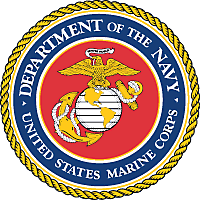 United States Marine Corps emblem with globe, eagle, and anchor on a red background, encircled by text.