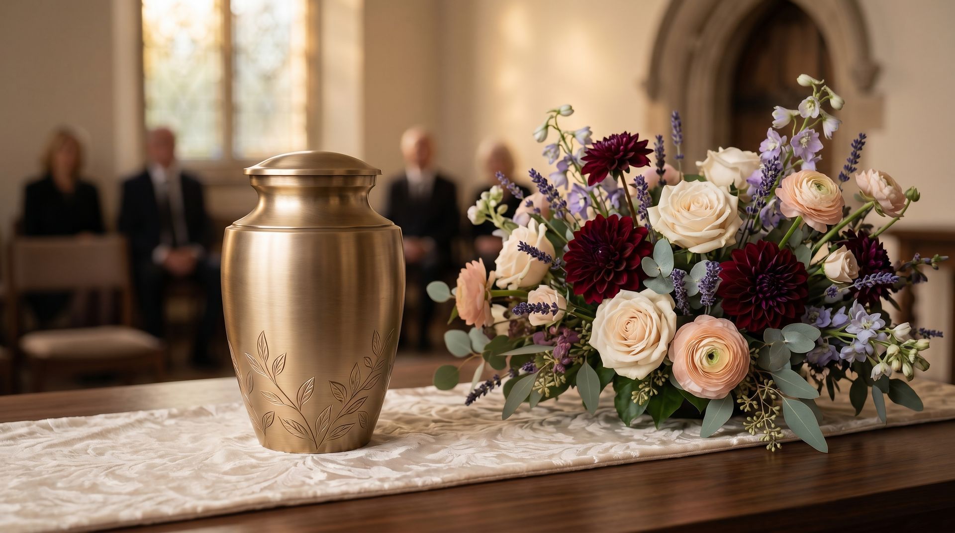 Funeral urn placed beside a floral arrangement with mourners in the background at a solemn memorial service ceremony. Funeral urn placed beside a floral arrangement with mourners in the background at a solemn memorial service ceremony.