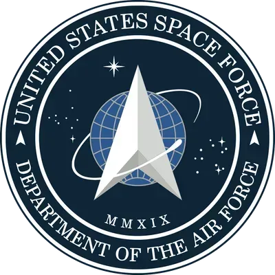 United States Space Force seal with a white delta symbol over a globe and stars, text reads 