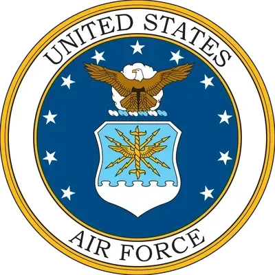U.S. Air Force seal: Eagle above a crest, encircled by stars and text 