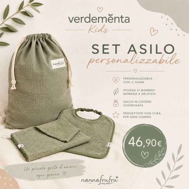 Set asilo personalizzabile verde oliva con zainetto e maglietta, prezzo 46,90 €