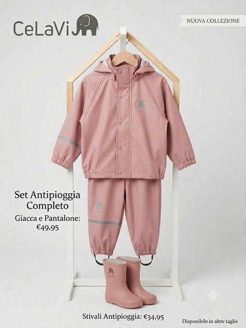 Tuta sportiva rosa con cappuccio per bambini, appesa a una gruccia di legno su sfondo bianco, con testo descrittivo del prodotto.