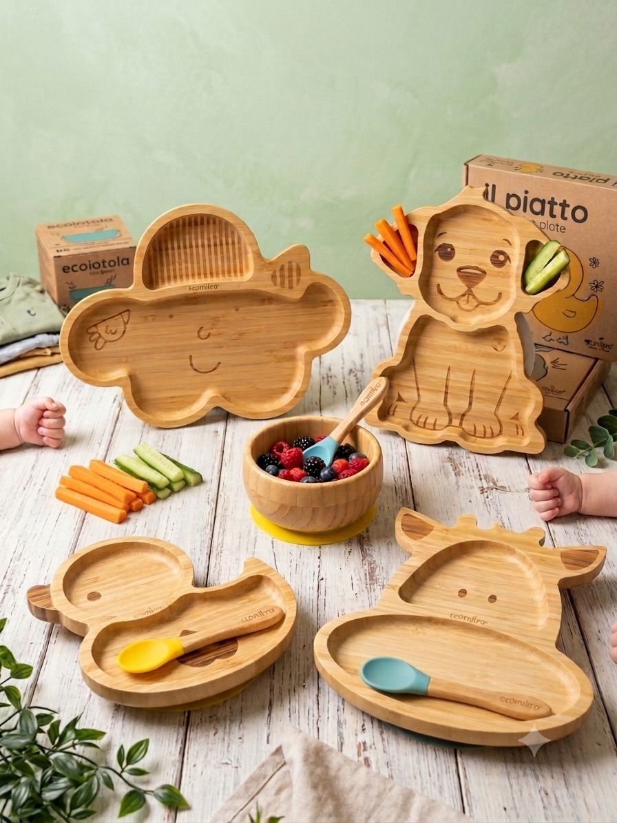 Vassoi per snack in legno a forma di leone e di fiore, con frutta e pane, su un tavolo chiaro