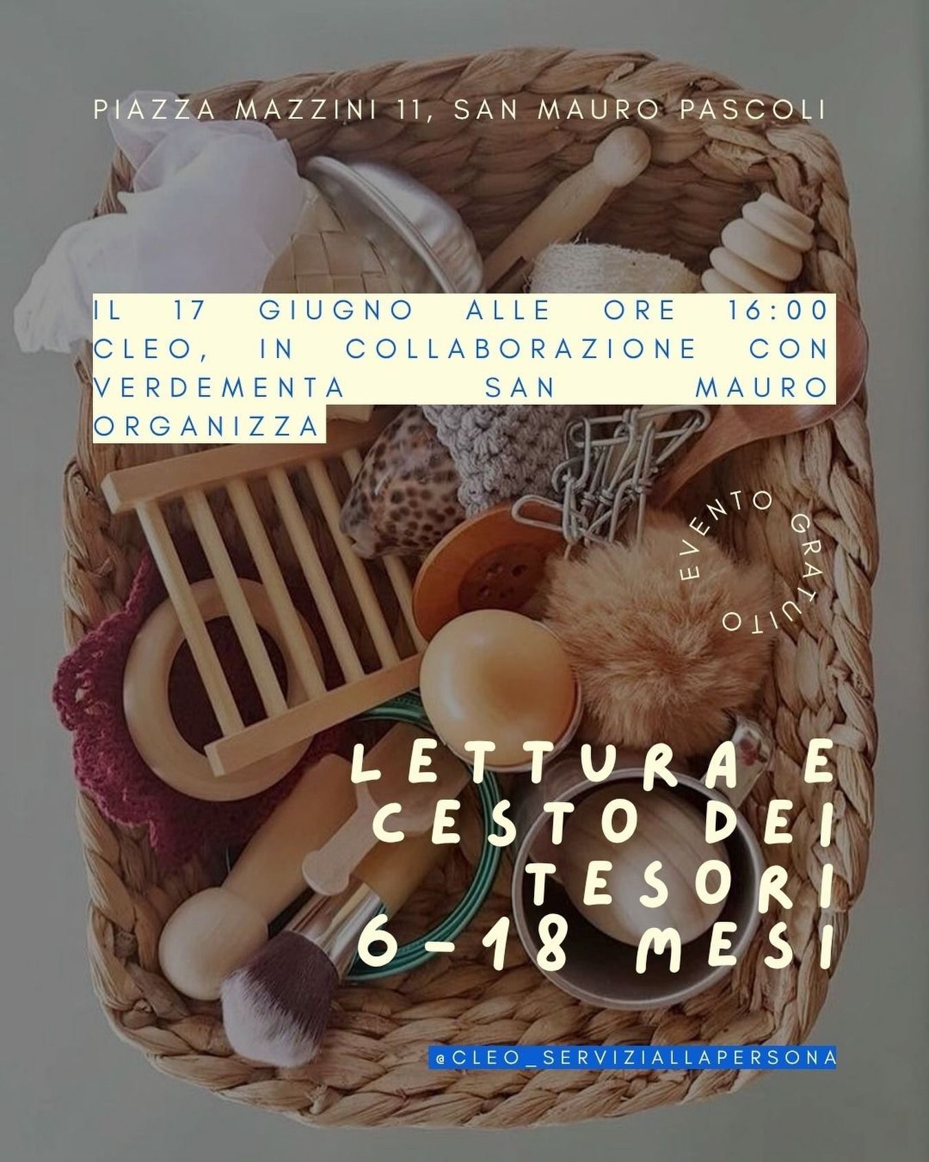 Locandina con un cesto intrecciato e la scritta «Lettura e cesto dei tesori» dal 6 al 18 giugno 2024.