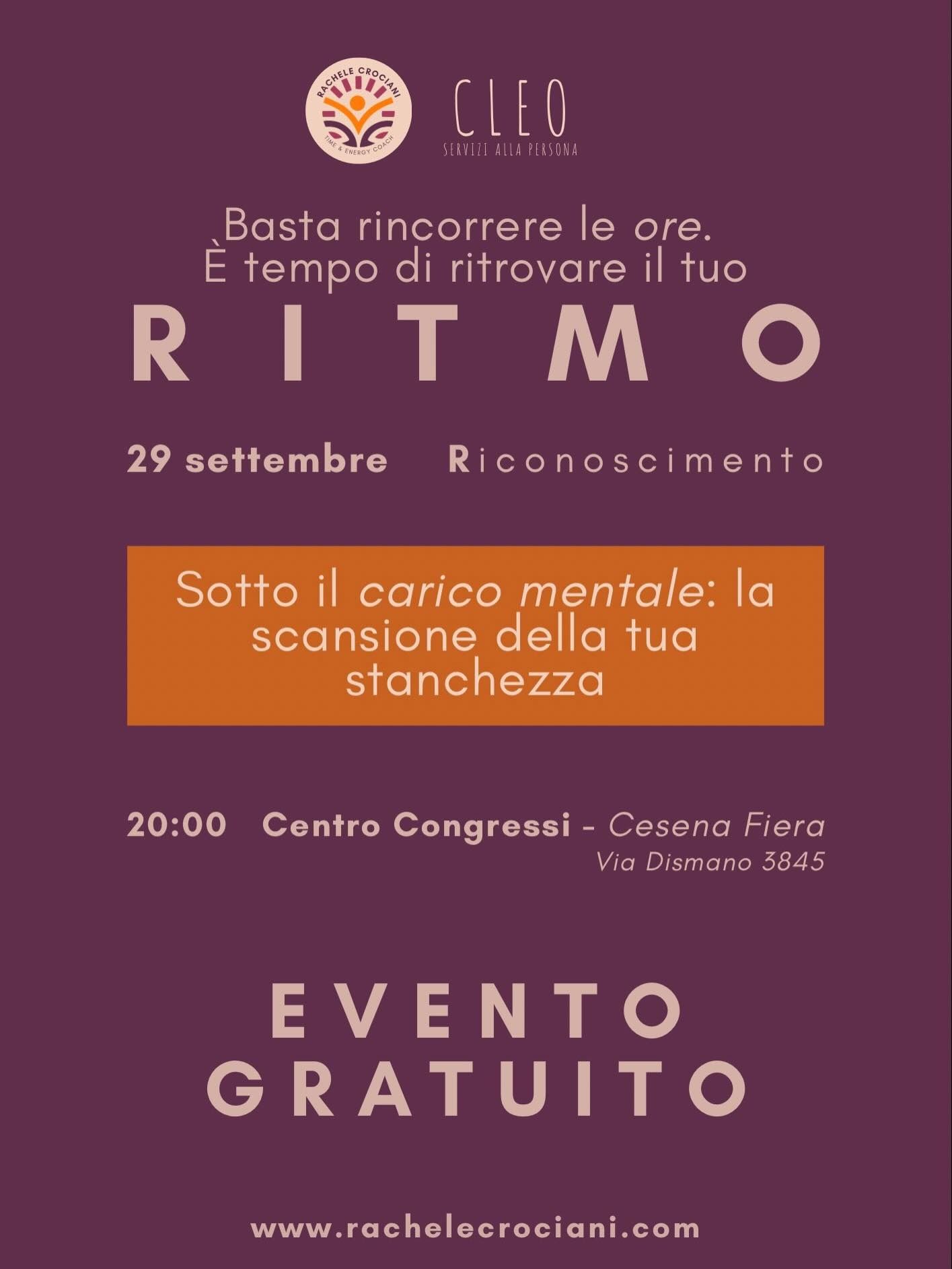 Locandina per un evento gratuito dedicato al benessere, «RITMO», il 29 settembre al Centro Congressi, Cosenza Fiera, nei toni del viola e dell’arancione.