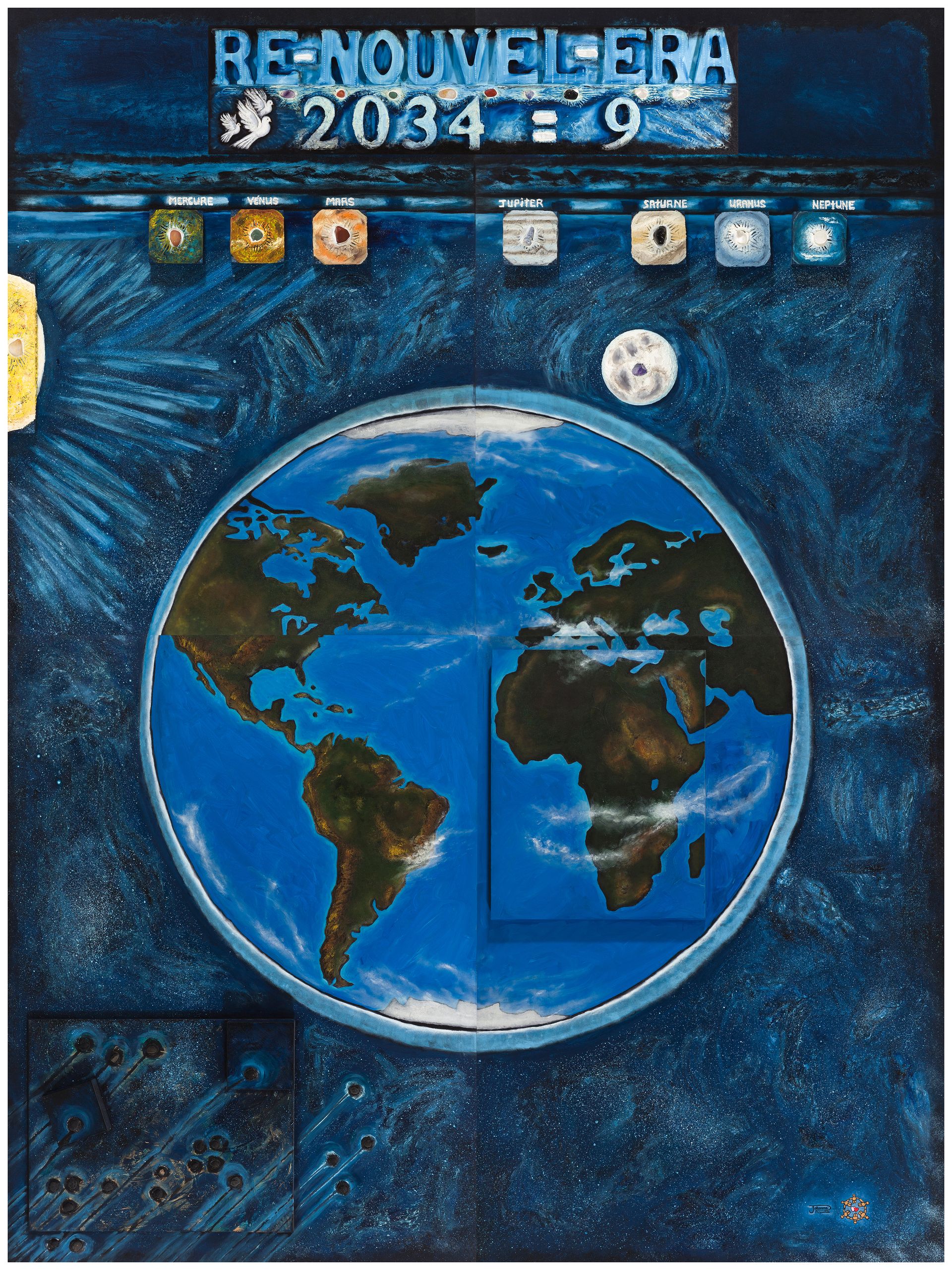 Une peinture de la terre avec l'année 2049 dessus