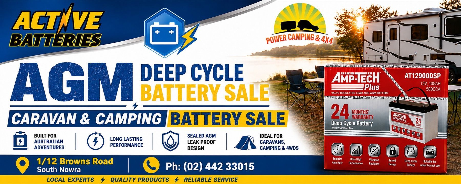 AGM Deep Cycle Battery Sale at Active Batteries Nowra — Amp-Tech Plus AT12900DSP 12V 105AH for caravan, camping and 4WD