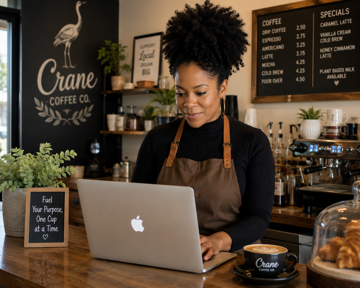 Barista smiling at laptop behind coffee shop counter with menu boards and pastries
