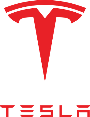 A red tesla logo on a white background.