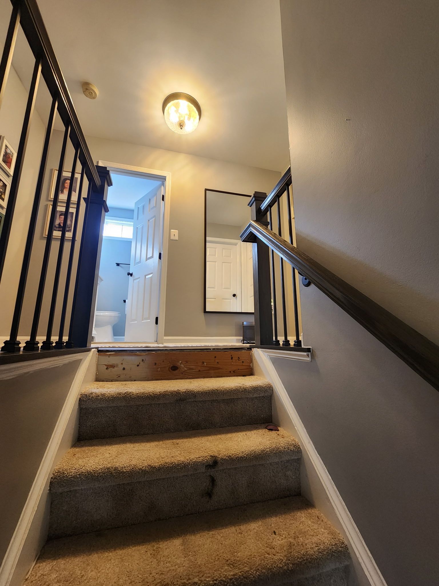Staircase leading to a landing with a bathroom door and a mirror. Carpeted stairs, metal railing, neutral colors.