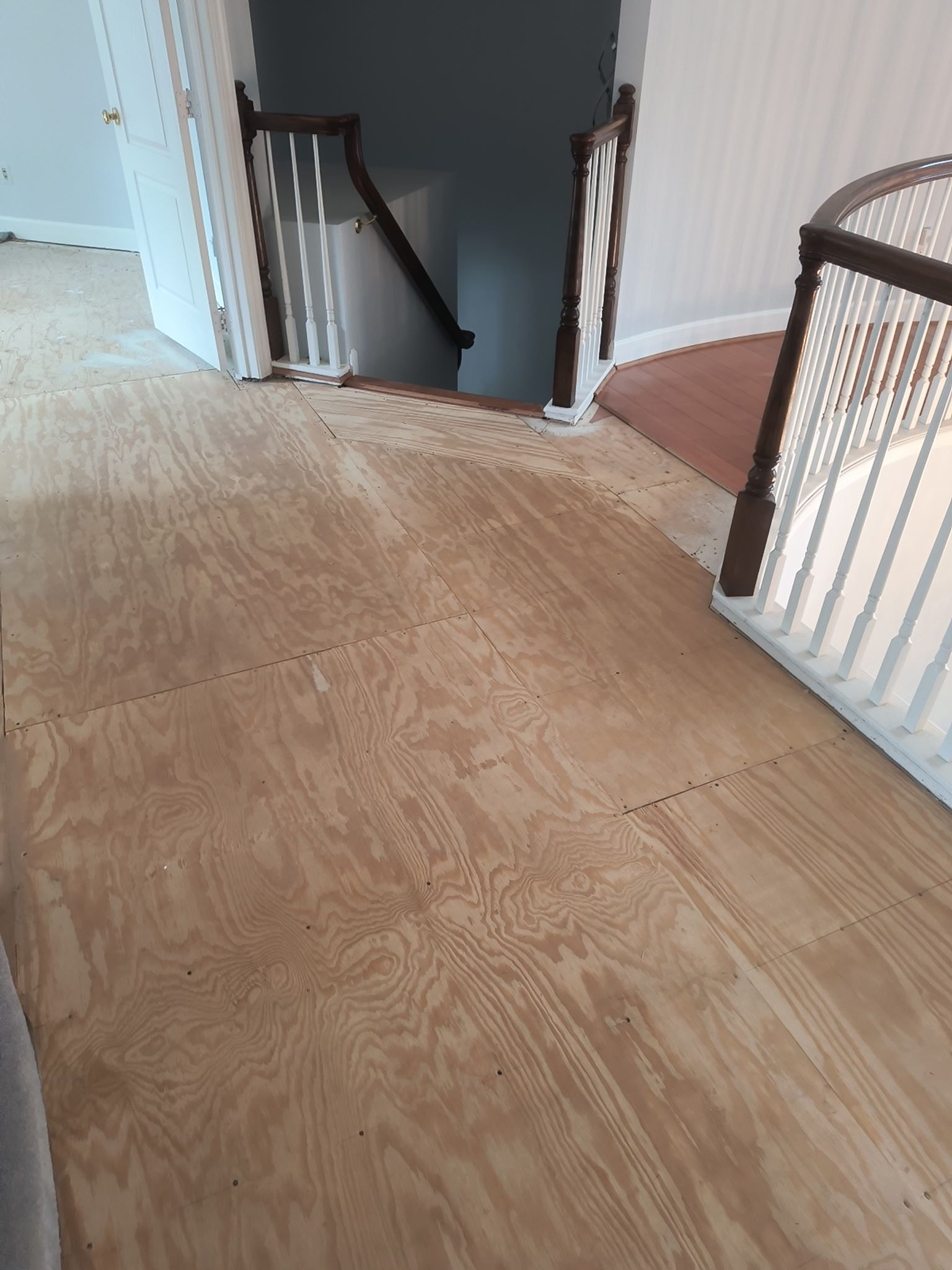 Carpeted upstairs hallway with stairs and dark wood banister, leading to a stair landing and doorway.