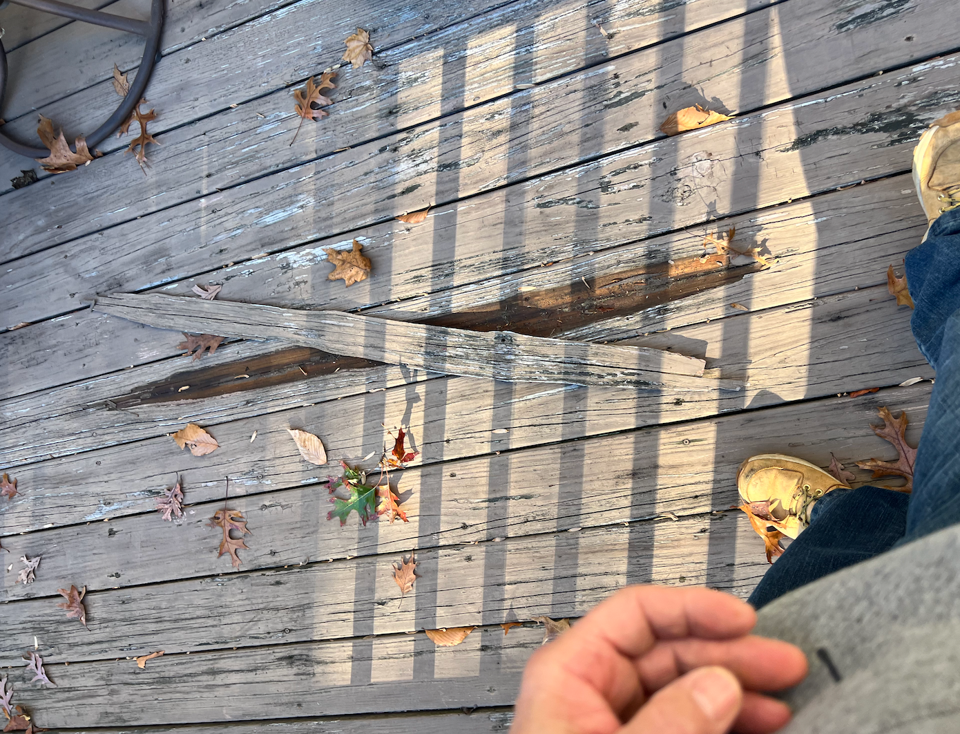 A person is sitting on a wooden deck with leaves on it