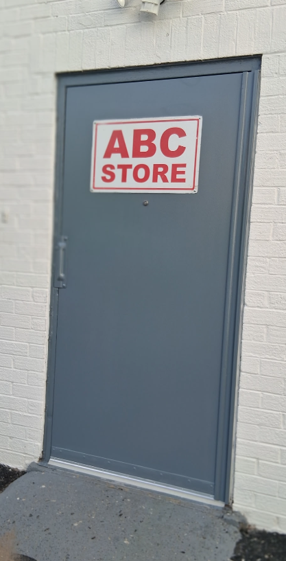 Gray door with a red and white 