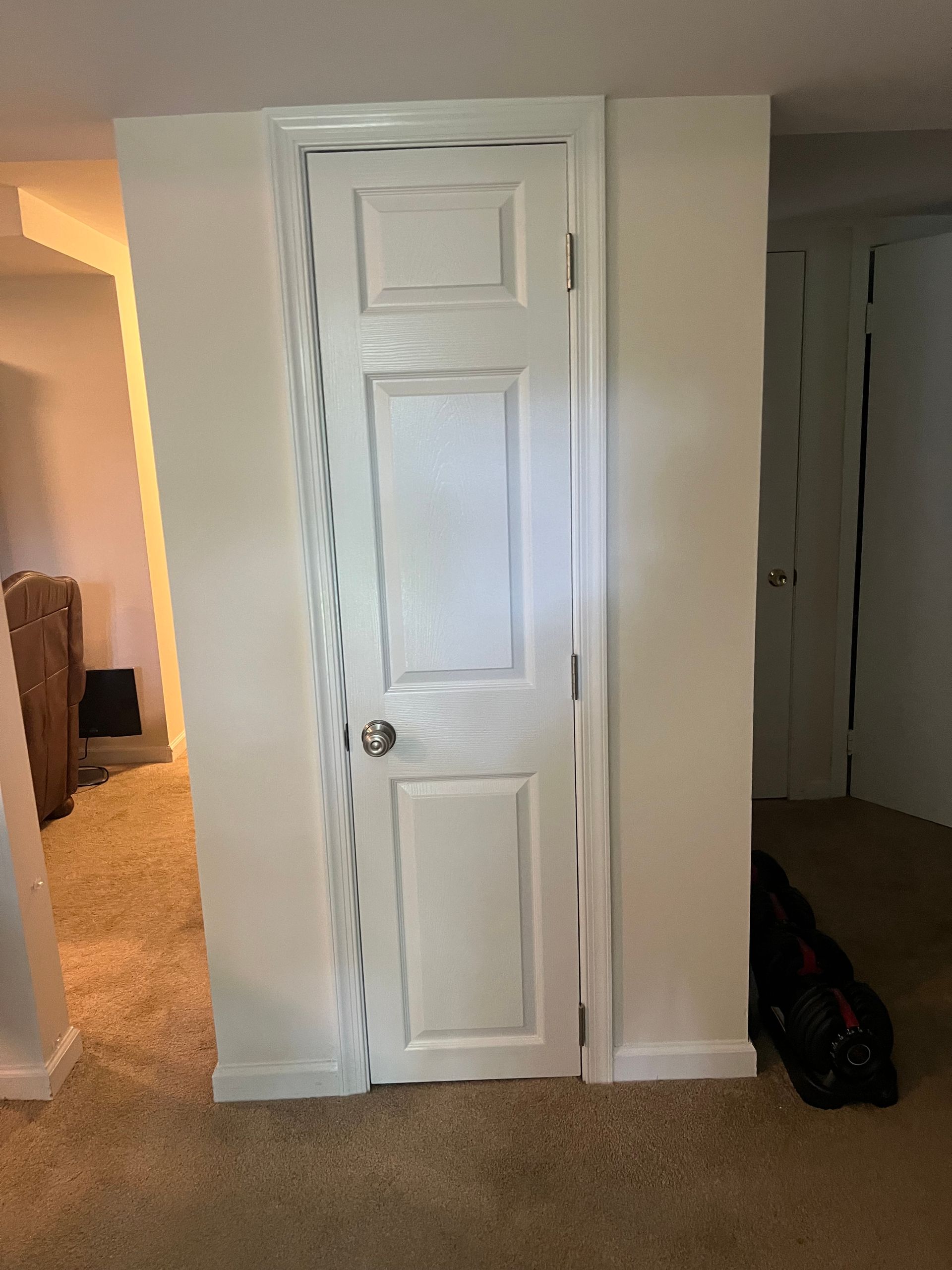 White paneled closet door in a carpeted hallway with adjacent open room and a bag on the floor.
