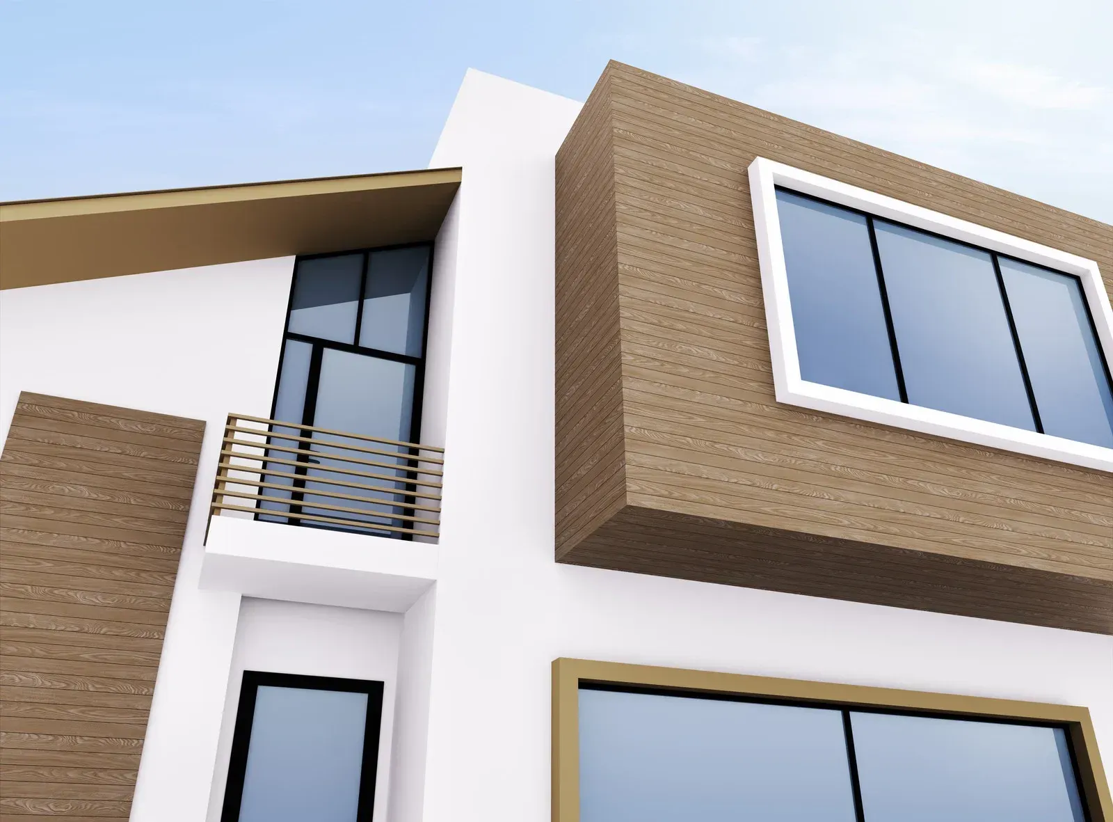 Modern two-story house with brown brick accents, white walls, and large windows.