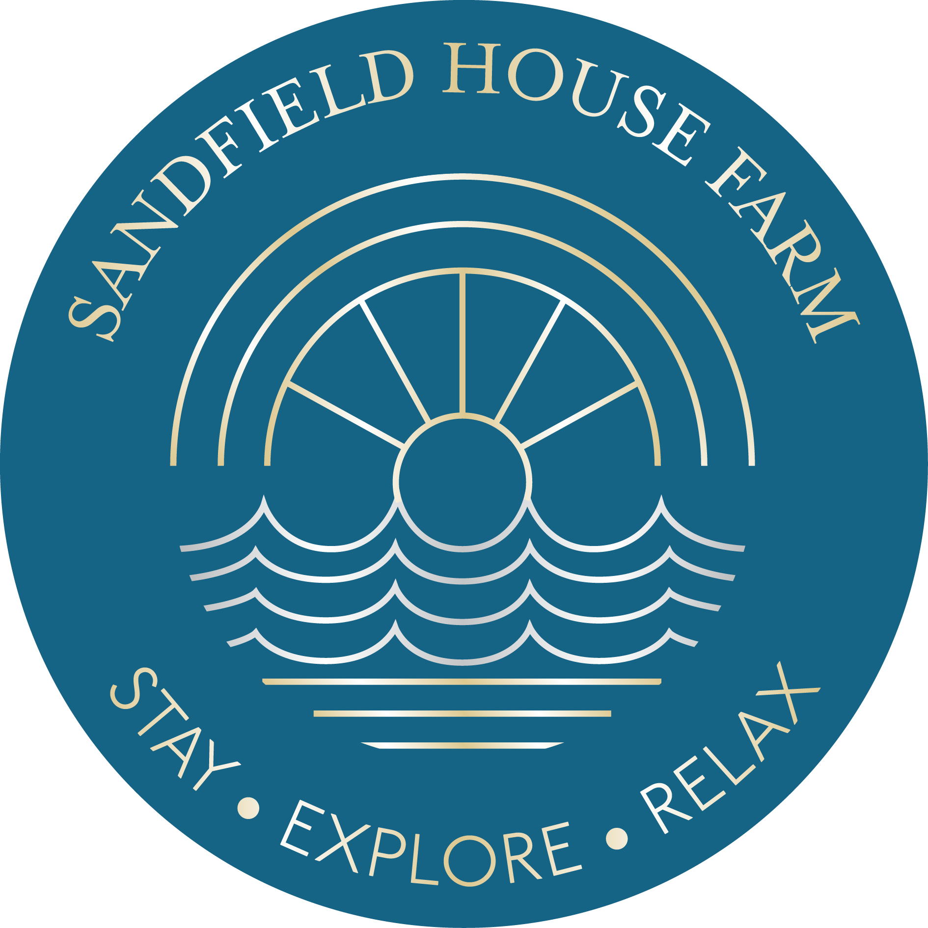 The logo for sandfield house says stay explore relax