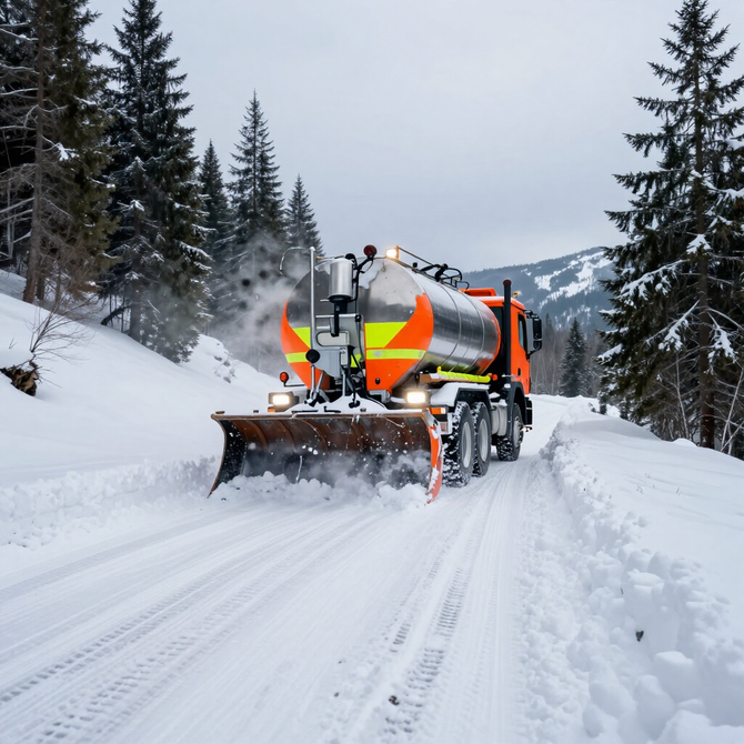Snowplow clearing a snowy mountain road between pine trees