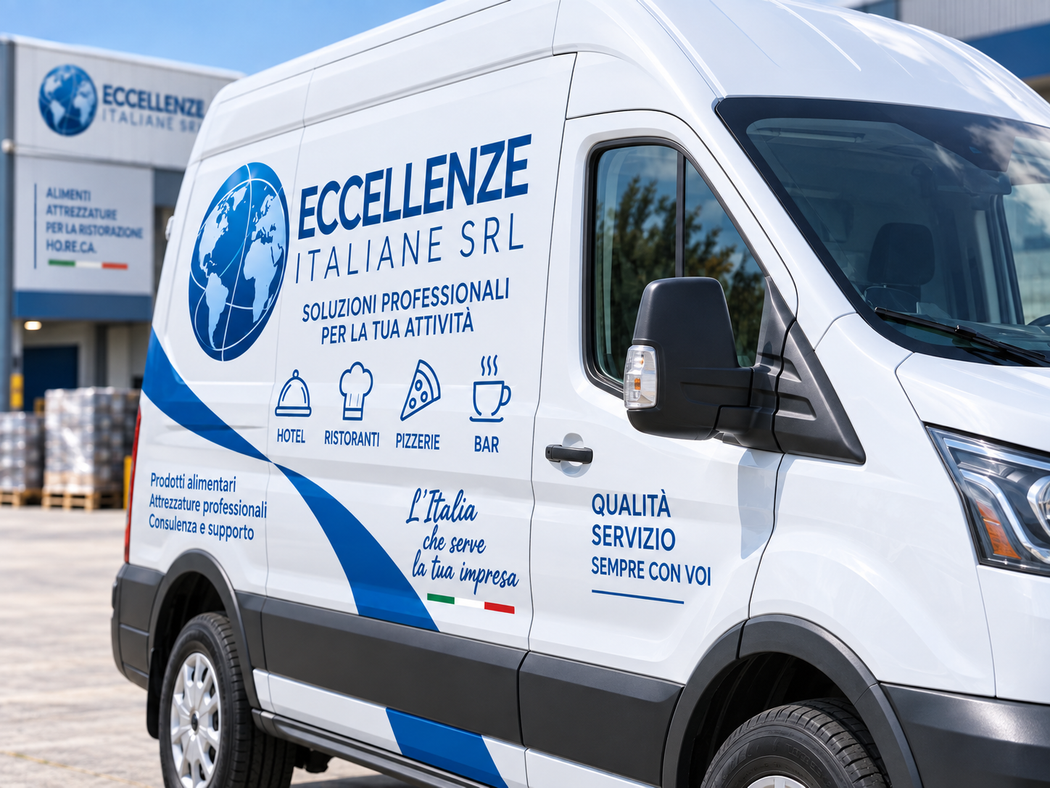 Furgone bianco della ECCELLENZE ITALIANE SRL parcheggiato all'esterno di un edificio aziendale dello stesso colore.