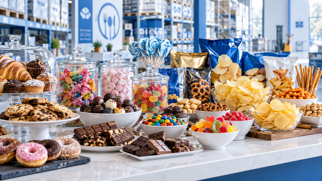 Tavolo da buffet con assortimento di pasticcini, caramelle, patatine e frutta in una luminosa sala eventi.