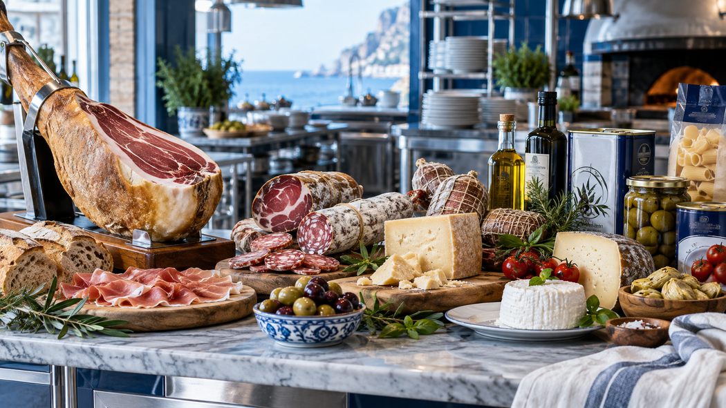 Elegante assortimento di salumi, formaggi, frutta, pane e bevande su un tavolo di marmo in riva al mare.