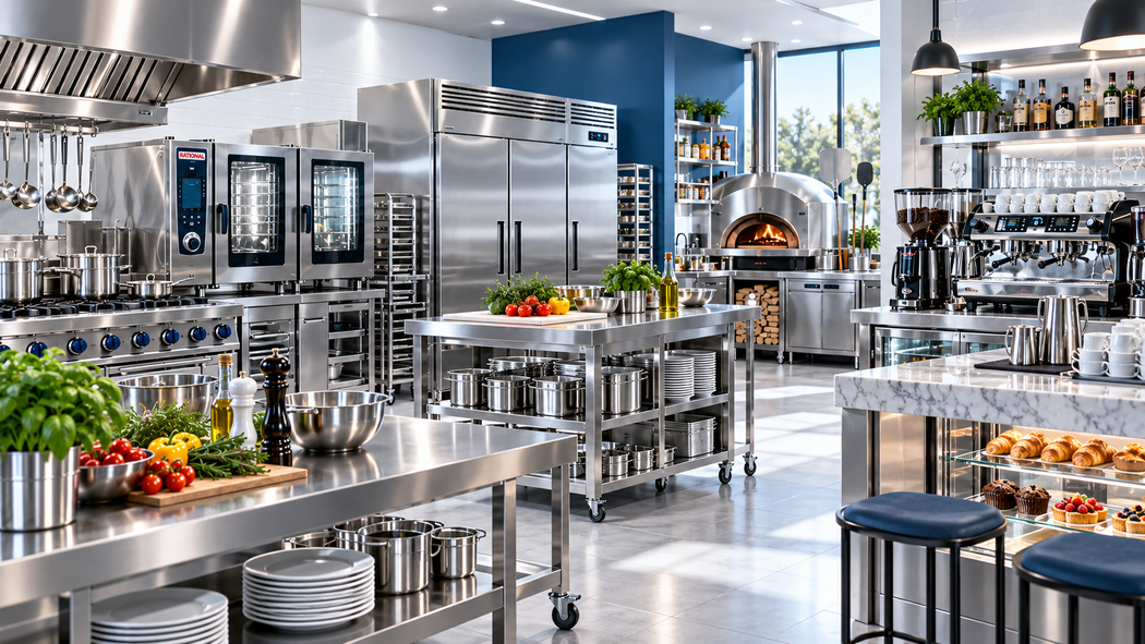 Cucina professionale luminosa in acciaio inox con forni, tavoli da lavoro, scaffali e ingredienti freschi.
