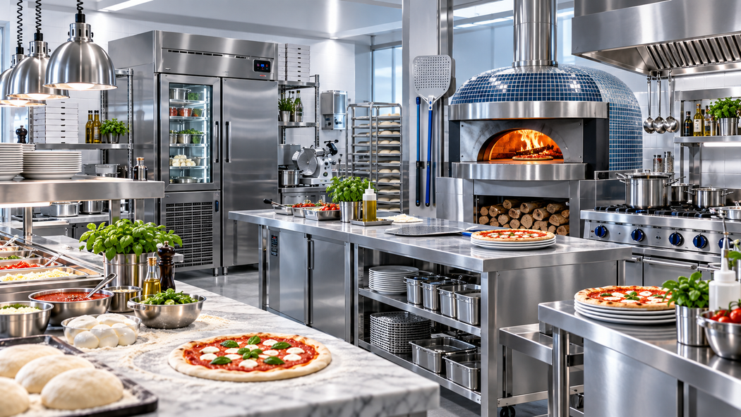Cucina professionale moderna con ripiani in acciaio inox, ingredienti freschi e un forno a legna fumante.